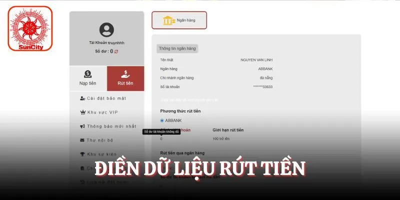 Điền dữ liệu rút tiền